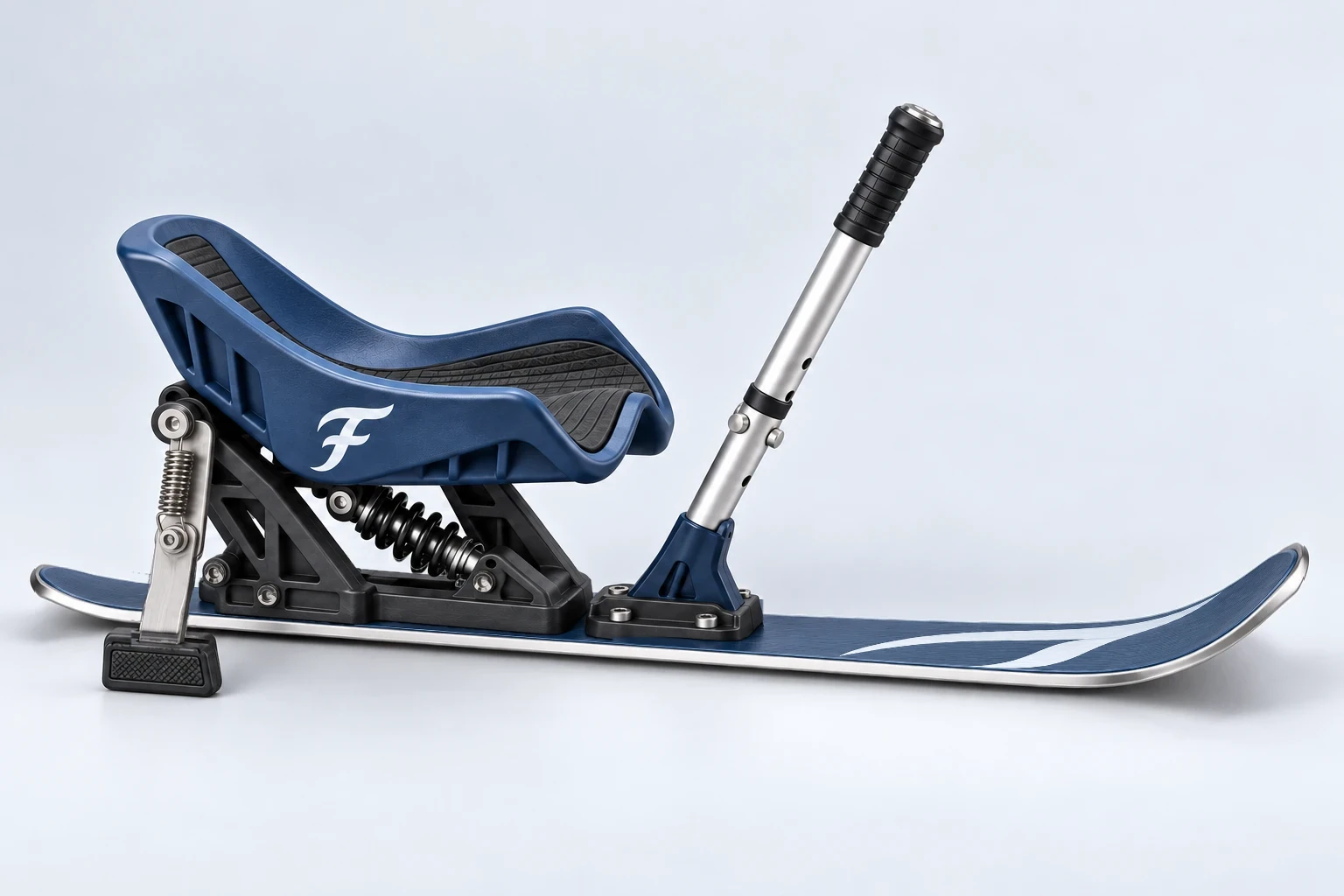 Concept rendering of the Monoflow: navy bucket seat on a shock absorber, an adjustable handle, and one short metal-edged ski.