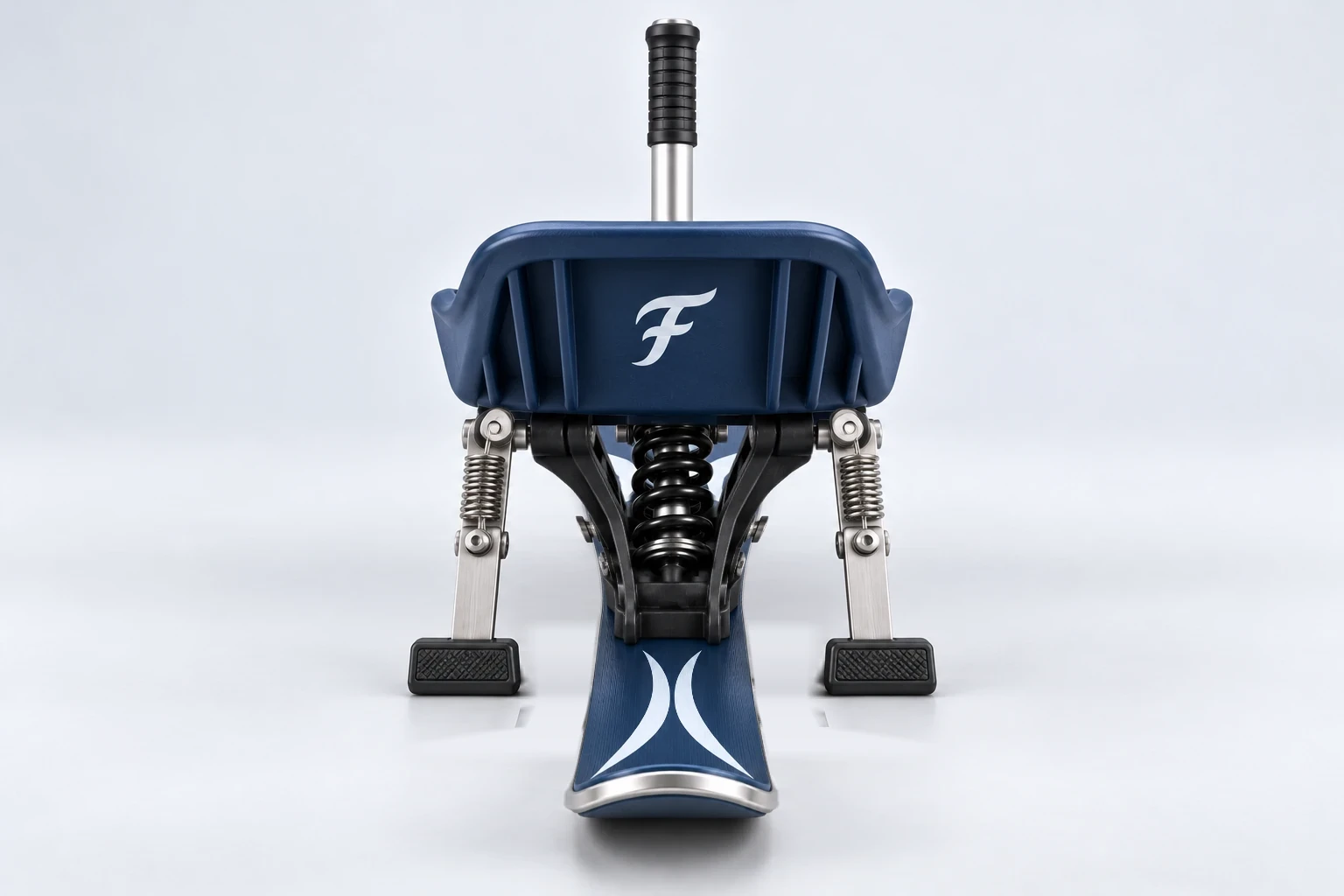 Concept rendering of the Monoflow from behind: navy seat with the white F mark, shock absorber and both brake arms.