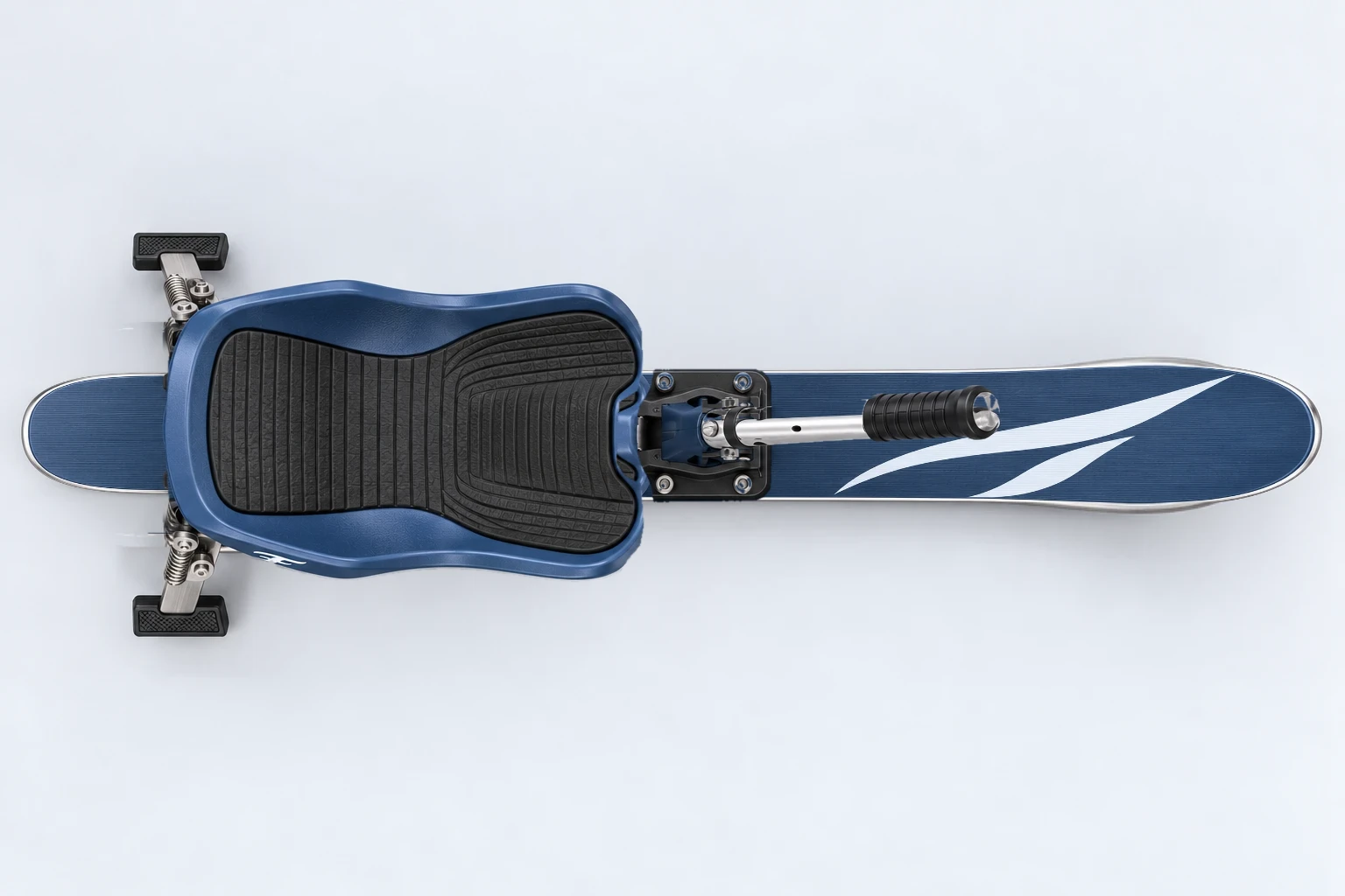 Concept rendering of the Monoflow from above: textured seat pad, handle and the navy ski with white swoosh graphics.
